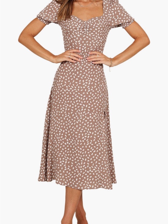 Petal & Pup Dresses & Skirts - Petal & Pup Taupe Midi Dress with White Leaf Print
